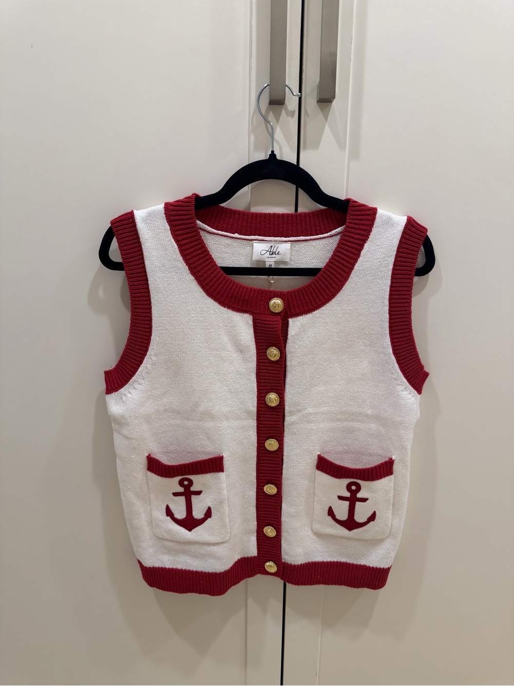 Able Anchor Cream and Red Button-Front Knit Vest Top